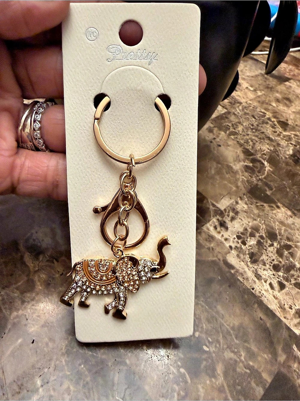 Rhinestone Elephant Keychain in Gold